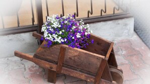 A wooden cart filled with flowers placed on a brick pavement. - Albergo Mancuso del Voison (Aosta)