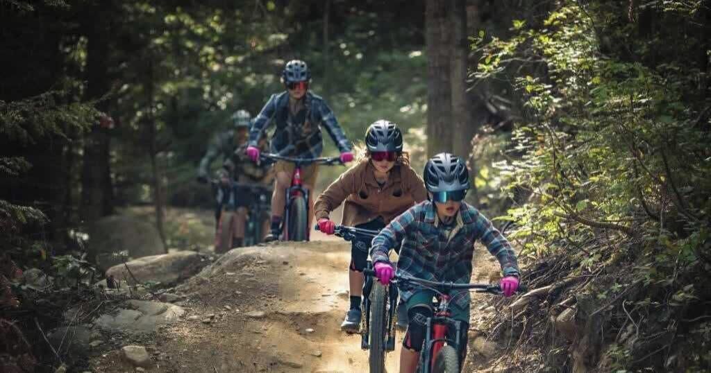 Three people riding bicycles on a dirt path surrounded by trees.