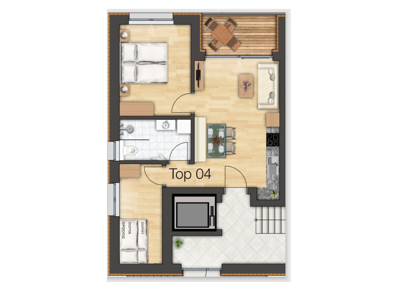 Plan d’étage d’une chambre d’hôtel, vu d’en haut, comprenant un lit, un bureau, une chaise, une petite table et un coin cuisine.