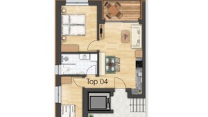 A top-down floor plan of a hotel room with a bed, a desk, a chair, a small table, and a kitchenette area. - HUUS123, Apartment 4 (Au)