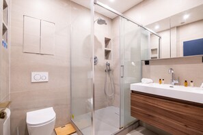 Douche, séchoir à cheveux, serviettes fournies