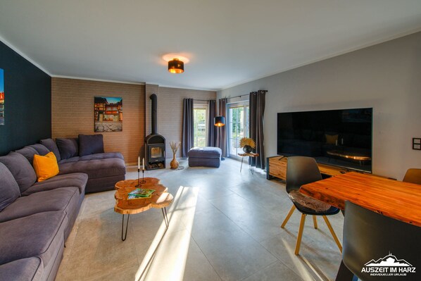 TV, fireplace, table football