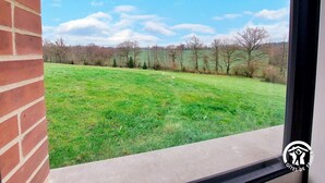 Una vista dalla finestra su un prato verdeggiante con alberi all'orizzonte.