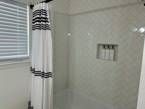 Hair dryer, towels, shampoo