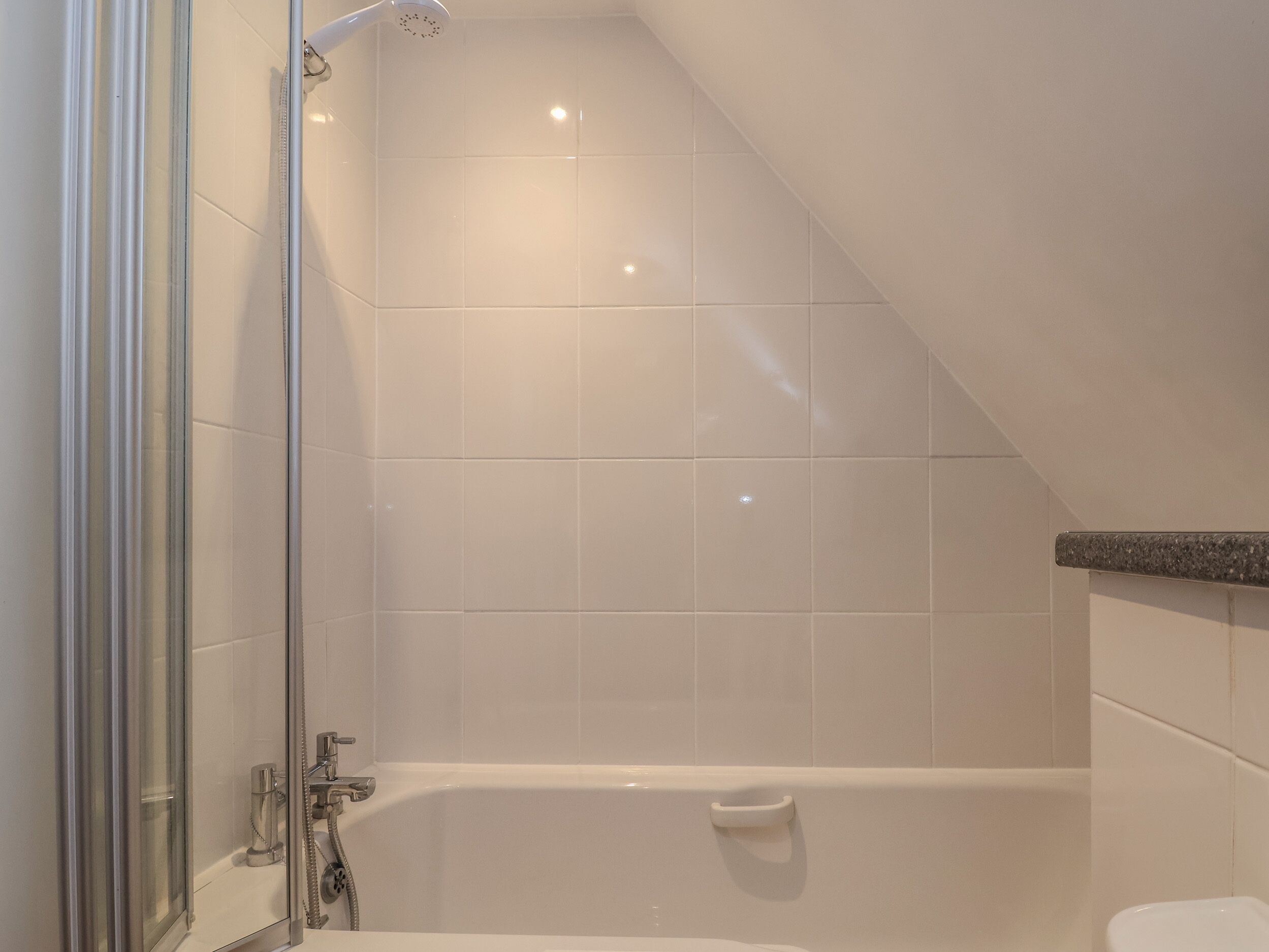 A modern bathroom with a glass shower enclosure, a bathtub, and a toilet.
