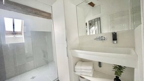 A modern bathroom with a glass shower enclosure, a large mirror, and a white vanity with a plant. - Chambre Triple Avec Salle de Bains Privative à 10 Minutes de Disneyland Paris (Couilly-Pont-aux-Dames)