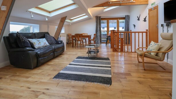 A spacious living room with a black leather sofa, a striped rug, wooden flooring, and skylights. - The Duckhouse (Shrewsbury)