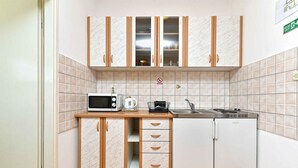 A compact kitchen with a microwave, kettle, sink, and a small refrigerator. - Studio with air conditioning (Pula)