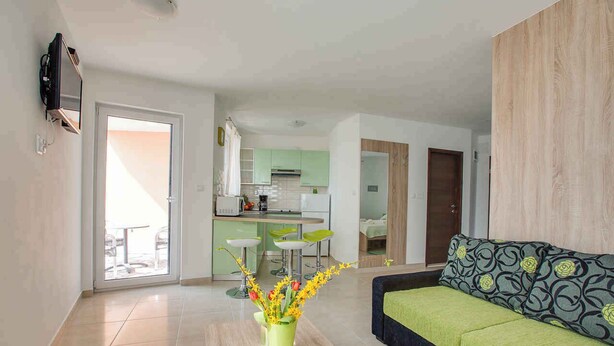 A modern apartment with a living room, kitchen, and dining area.