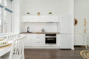 Fridge, oven, stovetop, cookware/dishes/utensils