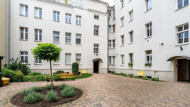 A courtyard with a paved walkway, a small tree, and benches.