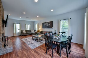 Smart TV, fireplace, books