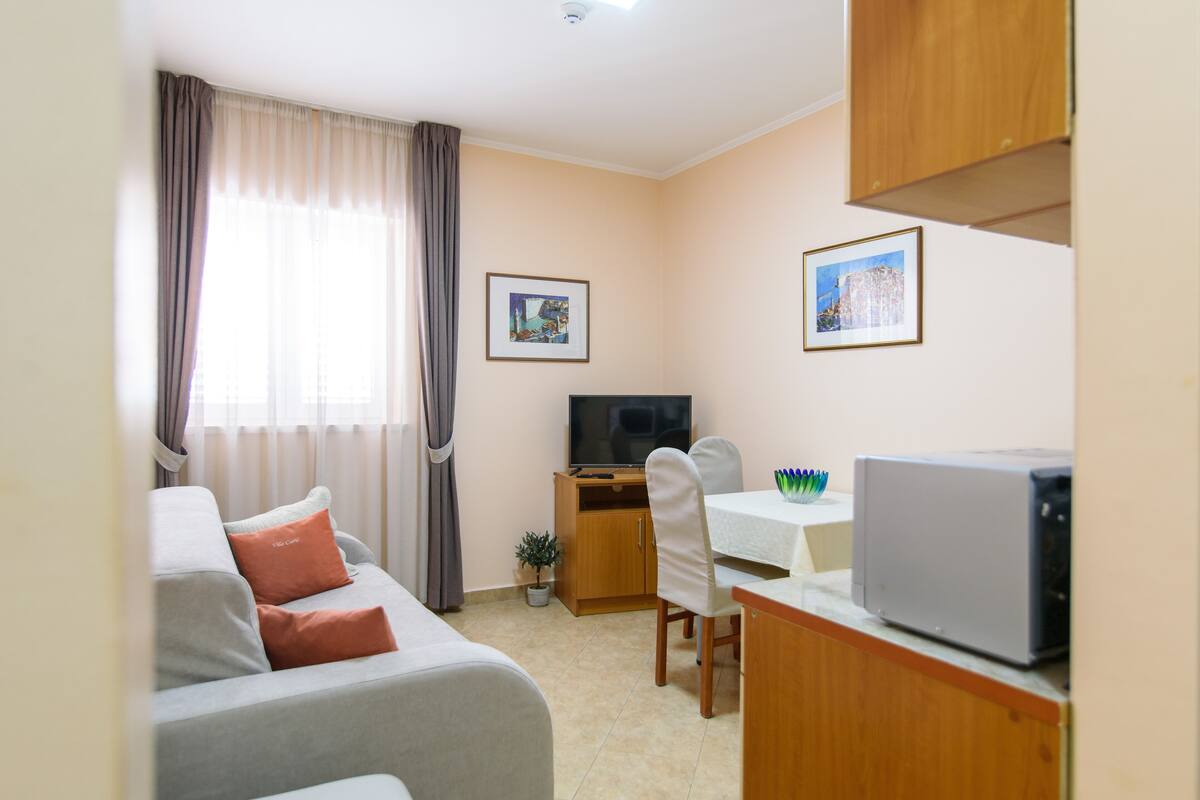 A compact living space with a sofa, a small dining table, a TV, and a microwave.