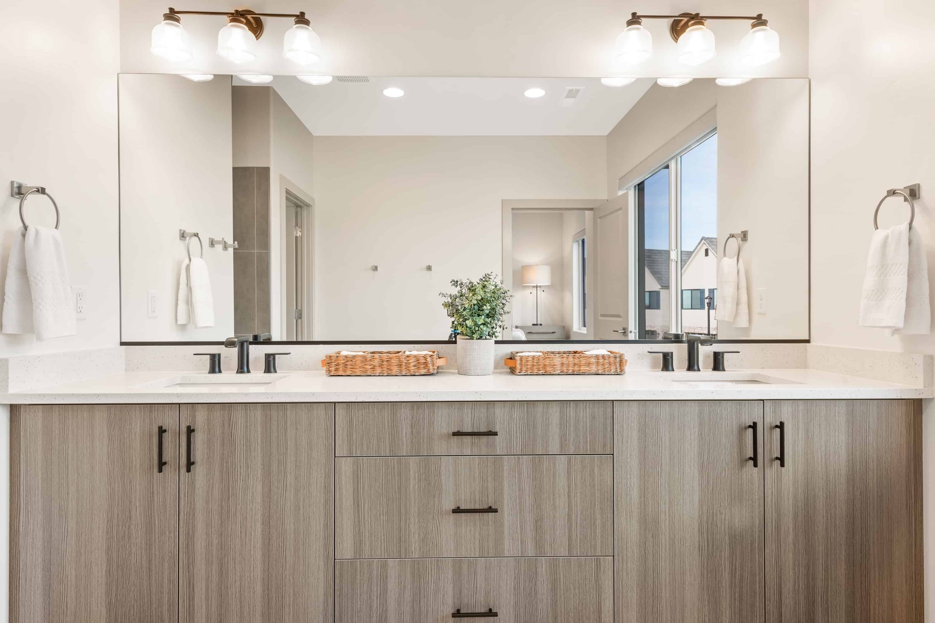 A modern bathroom with two sinks, a large mirror, and a potted plant.