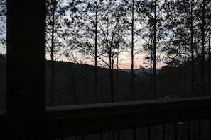 A view of a forested area with trees silhouetted against a sunset. - Luxe Group Getaway w/ 2-story Deck in Broken Bow! (Broken Bow)