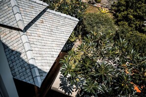 Un toit-terrasse à toiture inclinée, entouré de différentes espèces de plantes.