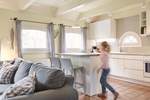 Smart-TV, peis, DVD-spiller og bøker