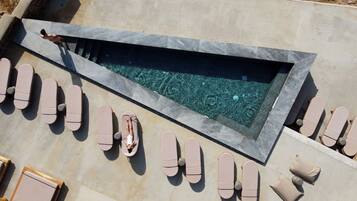 Seasonal outdoor pool, pool umbrellas, pool loungers