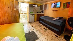 Una stanza compatta con un letto, un divano, un angolo cottura e una televisione appesa al muro.