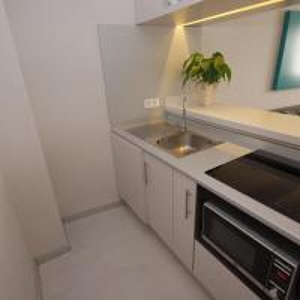 Fridge, microwave, toaster, cookware/dishes/utensils