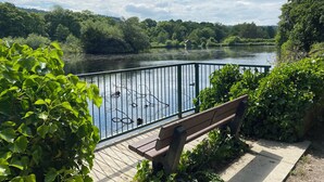 A wooden bench overlooking a calm river with ducks, surrounded by lush greenery and a clear sky. - Millnook (Harrogate)