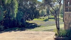 A paved pathway leading through a garden with various trees and shrubs. - Bed&ride, Modern Country Apartment Telde (Ojos de Garza)