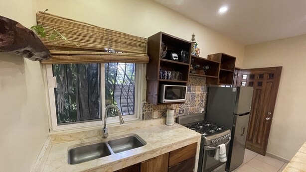 Una cocina equipada con un lavamanos, estufa, microondas y refrigerador.