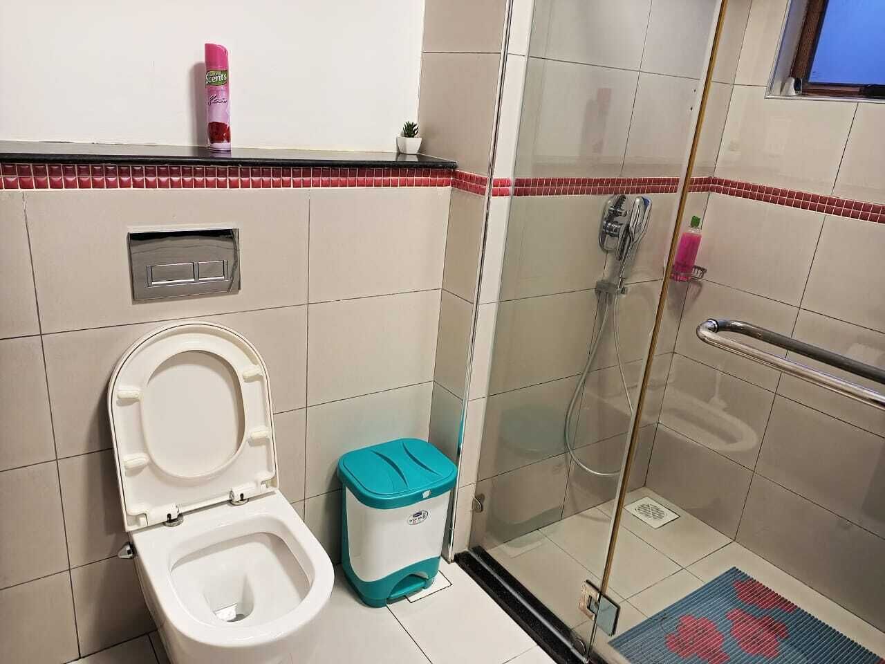 Een badkamer met een toilet, een prullenbak, een douche en een handgreep.