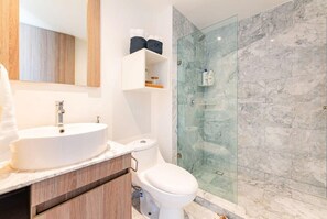 Ducha, secador de pelo, toallas, jabón