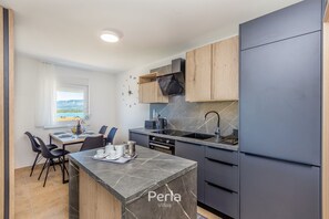 Fridge, oven, dishwasher, coffee/tea maker