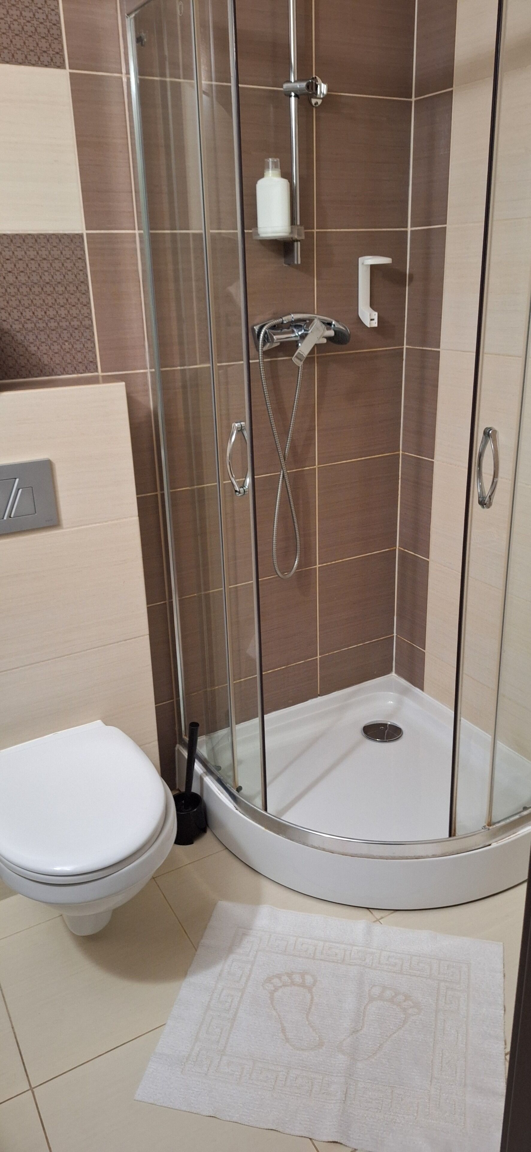 Un baño moderno con ducha envuelta en vidrio, inodoro y lavamanos.