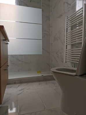 Hair dryer, towels, soap, shampoo