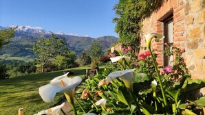A garden with white flowers and a stone building with a brick wall. - Heredad de la Cueste (Llenín)