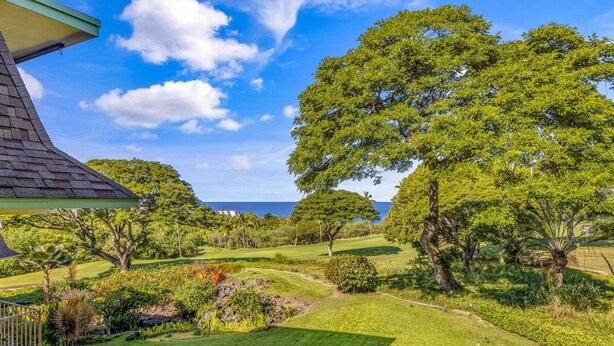 A well-maintained lawn with a variety of trees and shrubs, a clear sky, and a view of the ocean. - Summer Deal Kona Vacation Condo with Ocean Views Lanai and Resort Pool (Kailua-Kona)