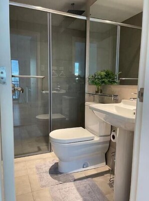 Bathroom features a glass-enclosed shower, toilet, sink, and mirror.