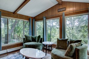 Smart TV, chimenea, libros