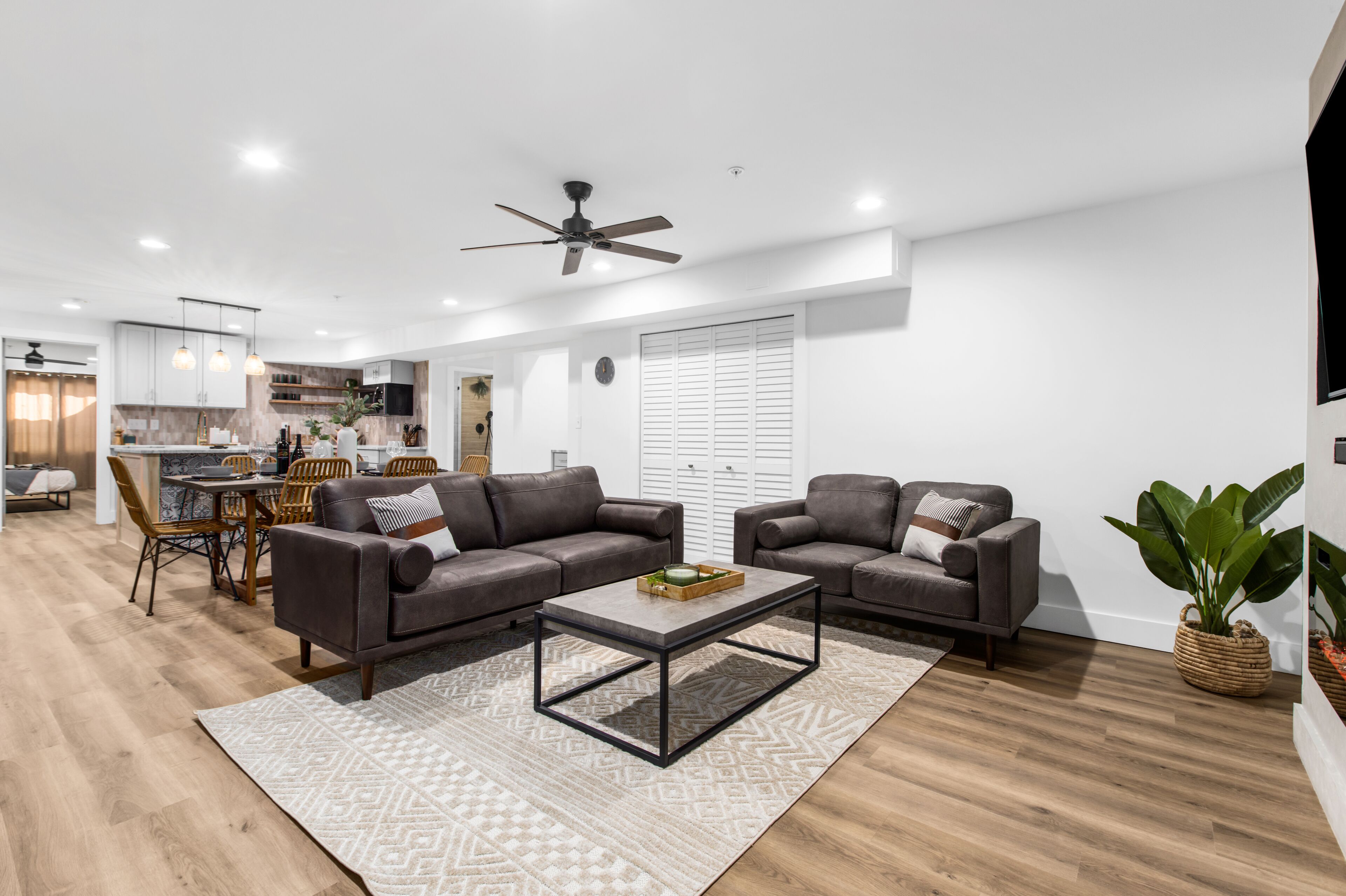 Smart TV, fireplace, books, stereo