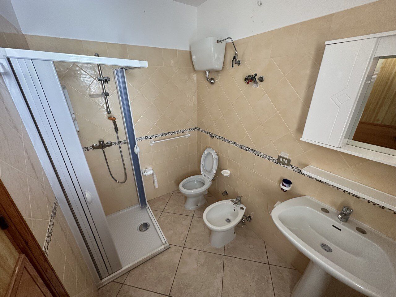 A bathroom with a shower, two toilets, a bidet, and a sink.