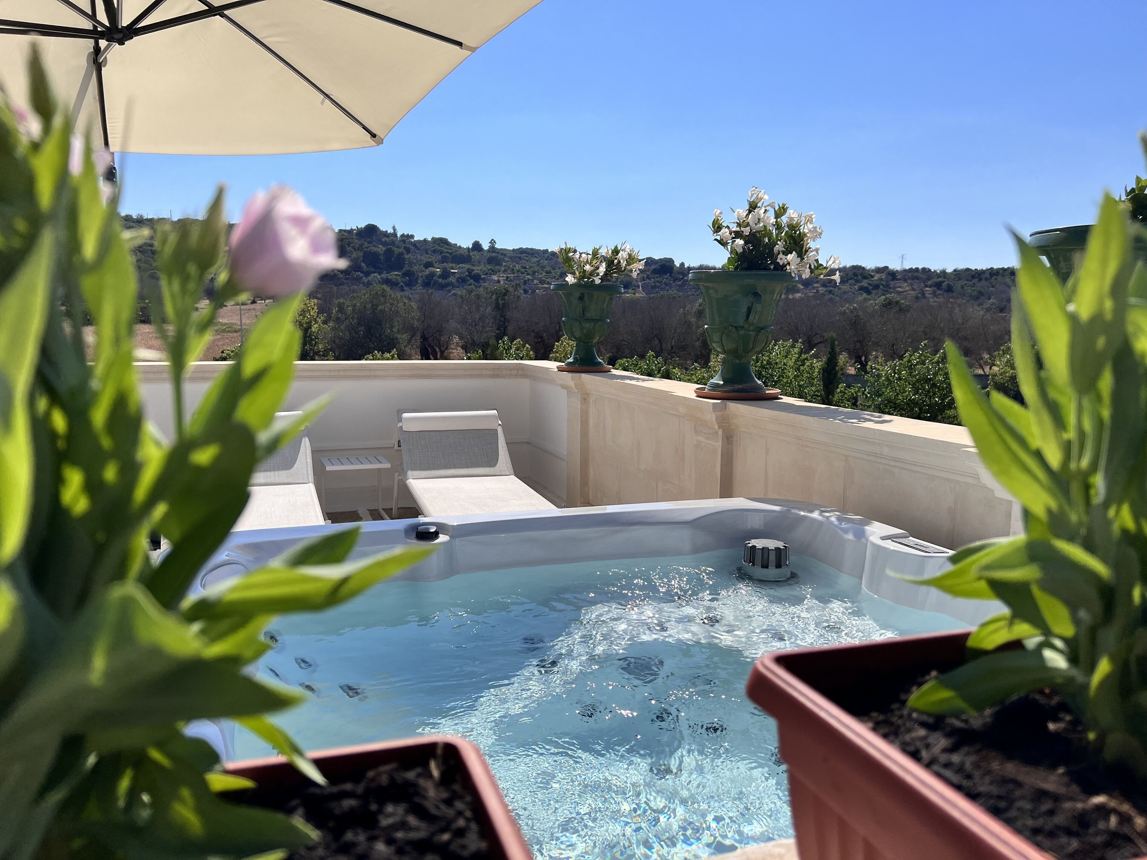 Een hottub met twee lounge stoelen en een tafel, omringd door potplanten.
