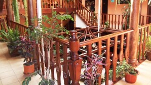 Uma escadaria de madeira com corrimão, cercada por plantas em vasos.