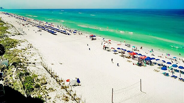 A beach with rows of umbrellas and beachgoers.