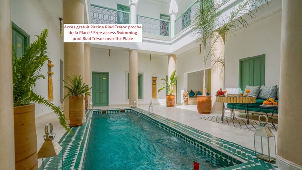 A swimming pool with a tiled border, surrounded by potted plants and a bench. - Riad Sarah Sabrina (Marrakech)