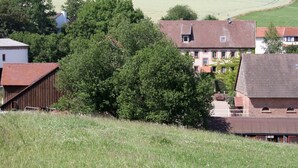 Un paysage rural avec un grand arbre, une grange et des bâtiments résidentiels aux toits rouges.