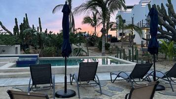 Zona de piscina con sillones de playa y sombrillas, rodeada de palmeras y cactus, con un edificio al fondo.