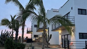 A modern building with a stone pathway leading to a covered entrance, surrounded by palm trees and desert plants. - Condo#2-5Min Walk to Beach/Surf-Sleeps2-KingSuite (Los Cerritos)