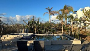 A rooftop pool area with palm trees and cacti, surrounded by modern buildings. - Condo#4-5 Min Walk 2 Beach/Surf-Sleeps4Queen Suite (Playa los Cerritos)
