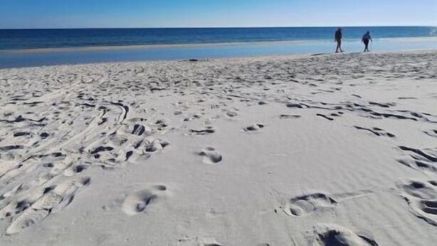 A sandy beach with footprints and two people walking. - Peaceful Coastal Location Sunsets and Sandy toes! 🩴
6 min walk to the beach ⛱ 
 (Gulf Shores)