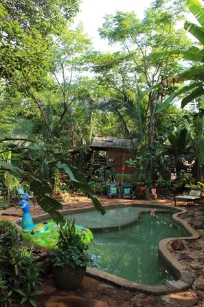 Una piscina al aire libre, sombrillas, tumbonas