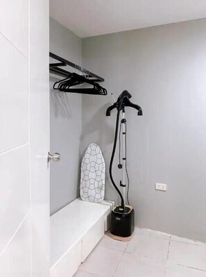 Hair dryer, towels, soap, shampoo