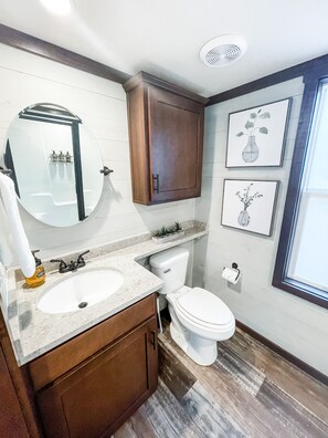 Une salle de bain avec un meuble-lavabo à deux vasques, des toilettes et un miroir.